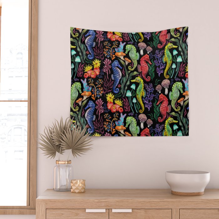 Undersea seahorsesï¼mushrooms and corals- black Wall Tapestry Gallery Image 2
