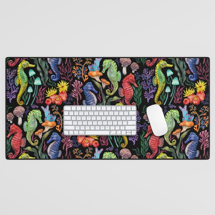 Undersea seahorsesï¼mushrooms and corals- black Desk Mat Gallery Image 1