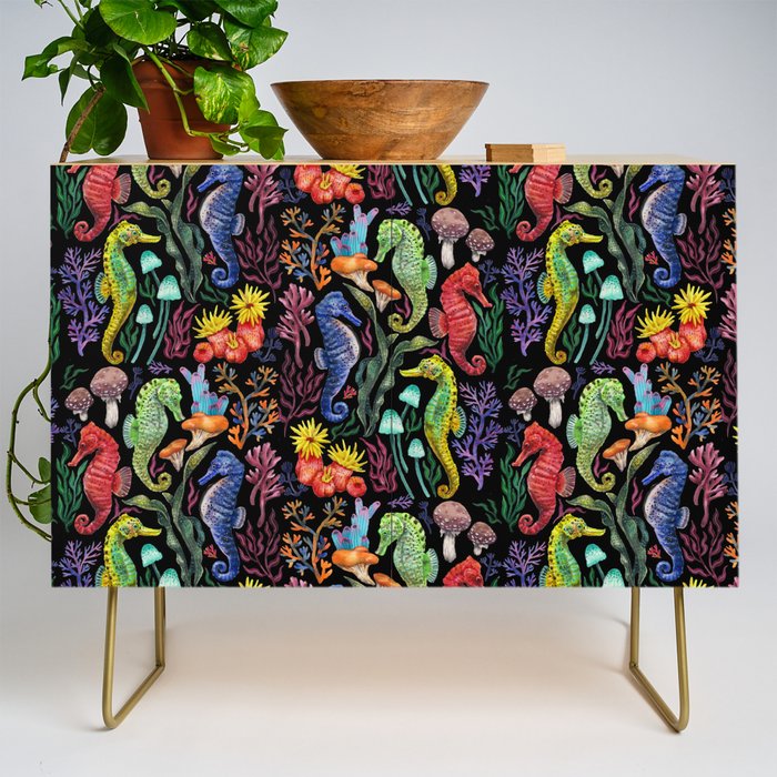 Undersea seahorsesï¼mushrooms and corals- black Credenza Gallery Image 1