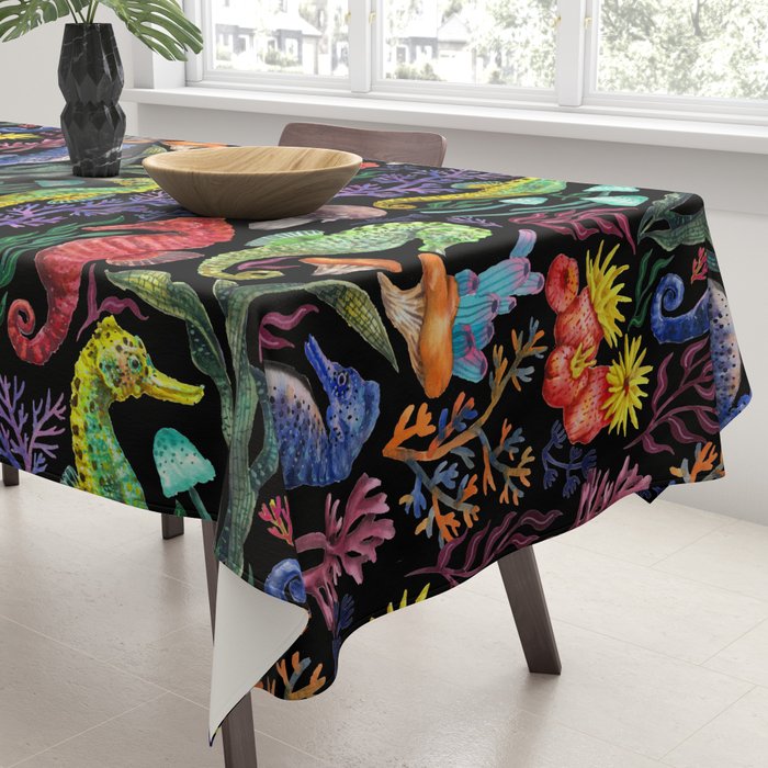 Undersea seahorsesï¼mushrooms and corals- black Tablecloth Gallery Image 3