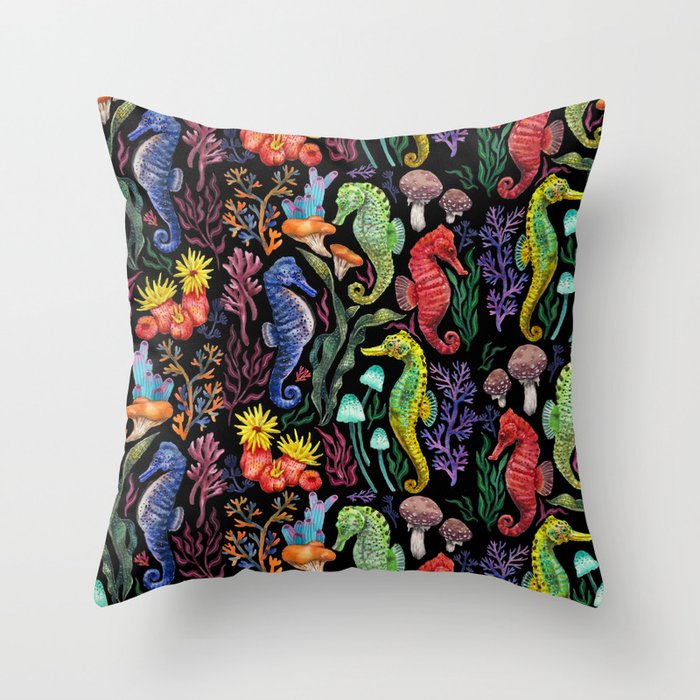 Undersea seahorsesï¼mushrooms and corals- black Throw Pillow Gallery Image 6