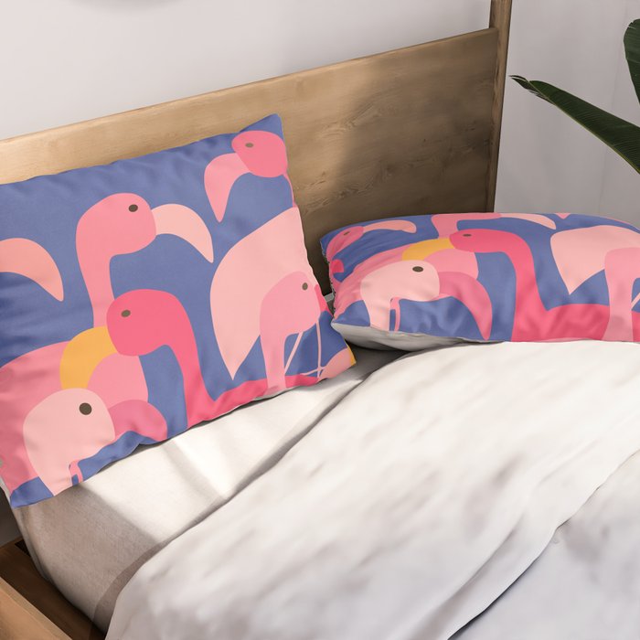 Flamingo Party / Whimsical Bird Illustration Pillow Sham Gallery Image 2