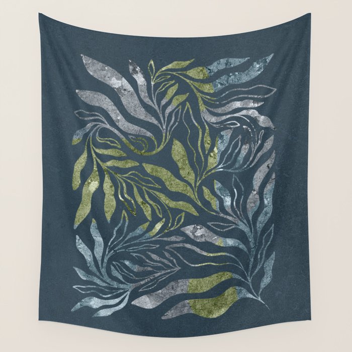 Endless Dark Leaf Illustration 1.1 Celestial Blue-Green Wall Tapestry Gallery Image 4
