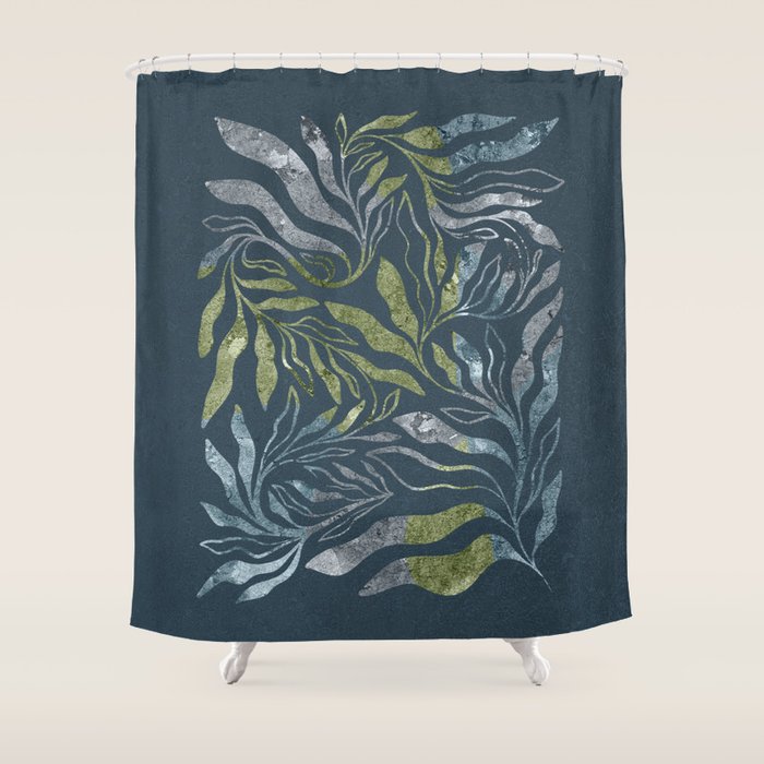 Endless Dark Leaf Illustration 1.1 Celestial Blue-Green Shower Curtain Gallery Image 1