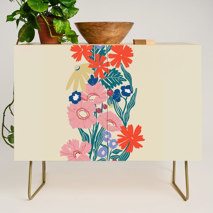 Minimalist Vibrant Wildflower Close Up - Modern Botanical Art with Bold Colors Credenza Gallery Image 1