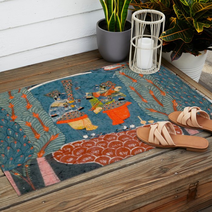 Women In The Forest Indian Painted Illustration Outdoor Rug Gallery Image 2