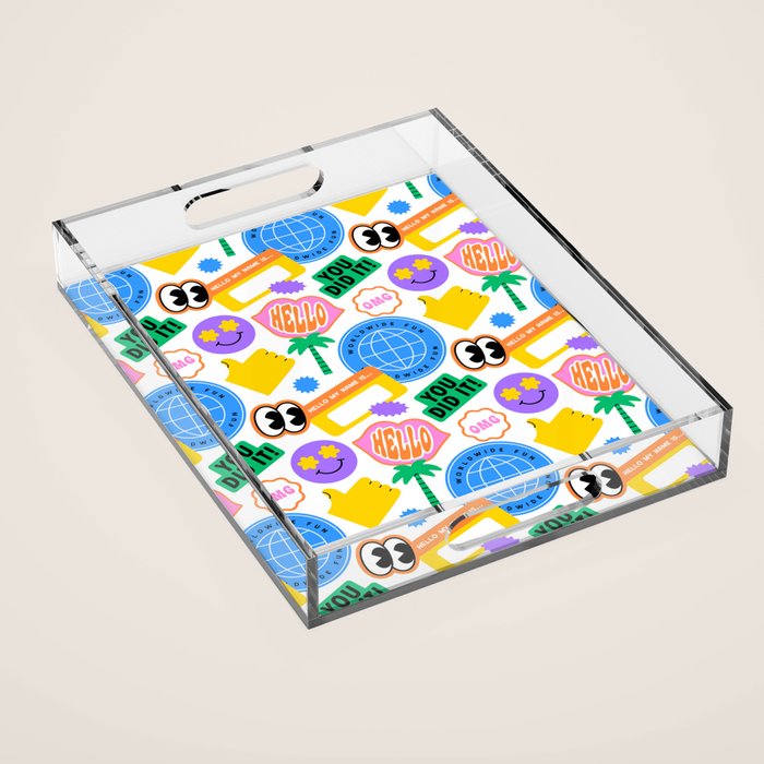 Retro cartoon sticker label pattern Acrylic Tray Gallery Image 1