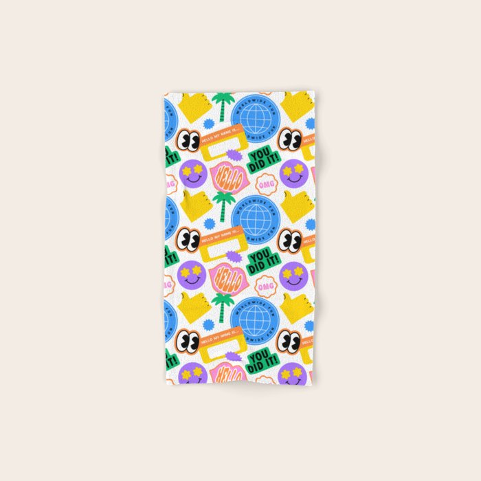 Retro cartoon sticker label pattern Bath Towel Gallery Image 1