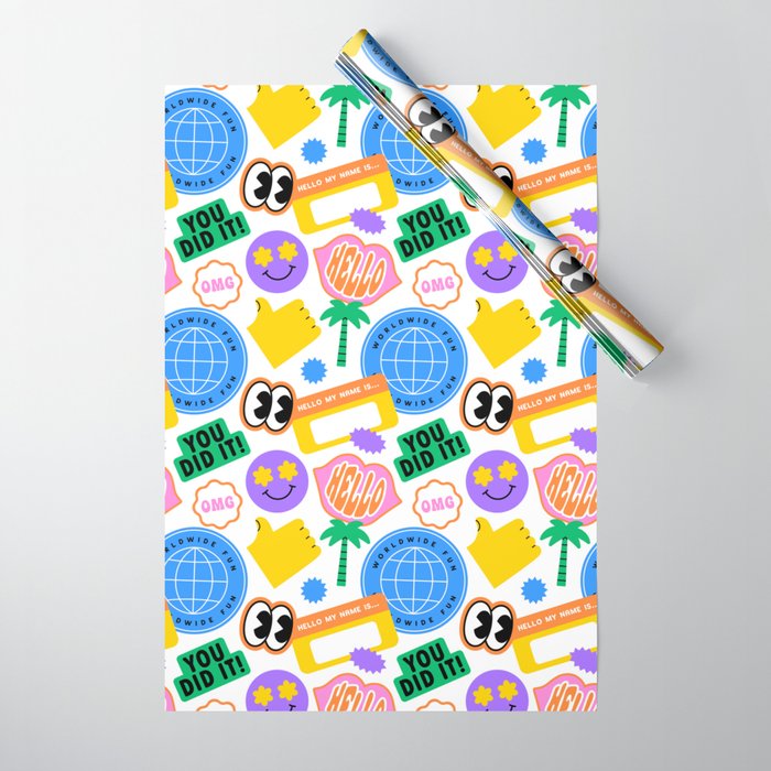 Retro cartoon sticker label pattern Wrapping Paper Gallery Image 1