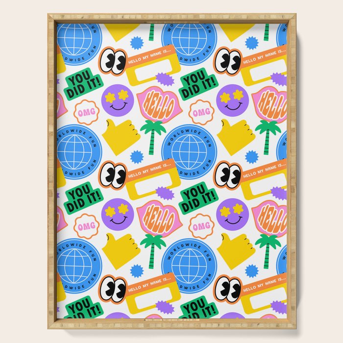 Retro cartoon sticker label pattern Serving Tray Gallery Image 1