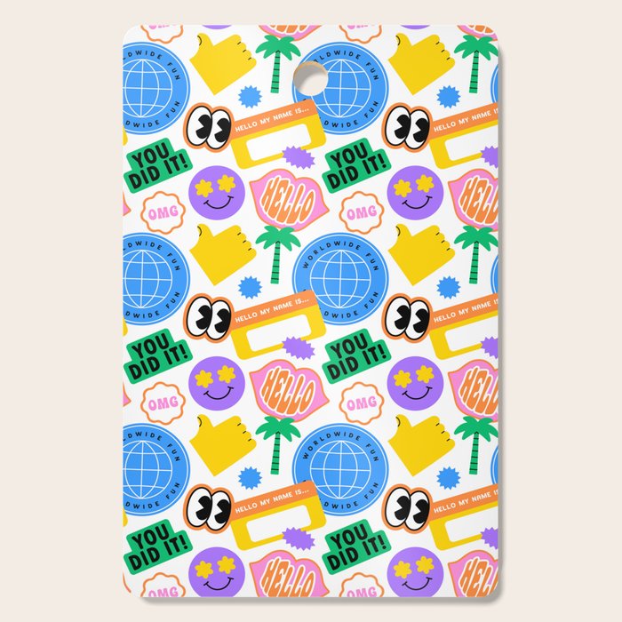 Retro cartoon sticker label pattern Cutting Board Gallery Image 1