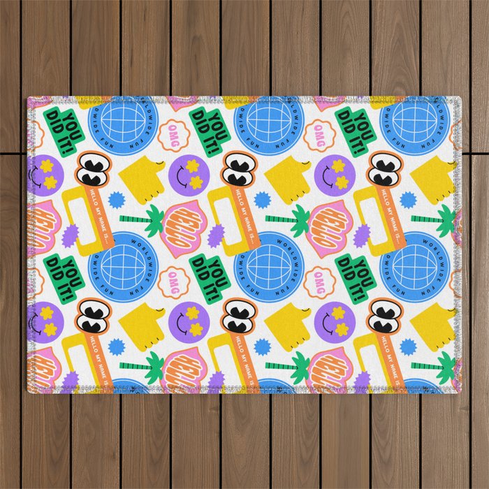 Retro cartoon sticker label pattern Outdoor Rug Gallery Image 1