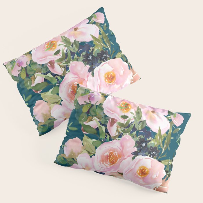 Floral Watercolor Rose Garden, Teal and Pink,  Vintage, Wall Art Boho Pillow Sham Gallery Image 3