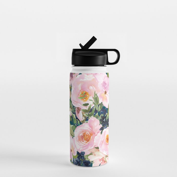 Floral Watercolor Rose Garden, Teal and Pink,  Vintage, Wall Art Boho Water Bottle Gallery Image 1