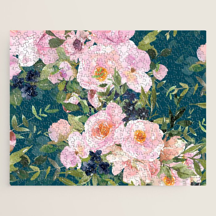 Floral Watercolor Rose Garden, Teal and Pink,  Vintage, Wall Art Boho Jigsaw Puzzle Gallery Image 1