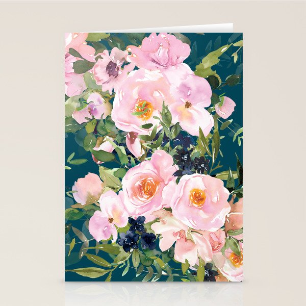 Floral Watercolor Rose Garden, Teal and Pink,  Vintage, Wall Art Boho Stationery Card Gallery Image 1