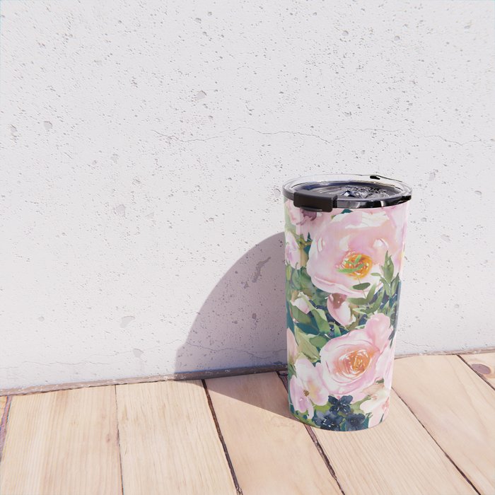 Floral Watercolor Rose Garden, Teal and Pink,  Vintage, Wall Art Boho Travel Mug Gallery Image 4