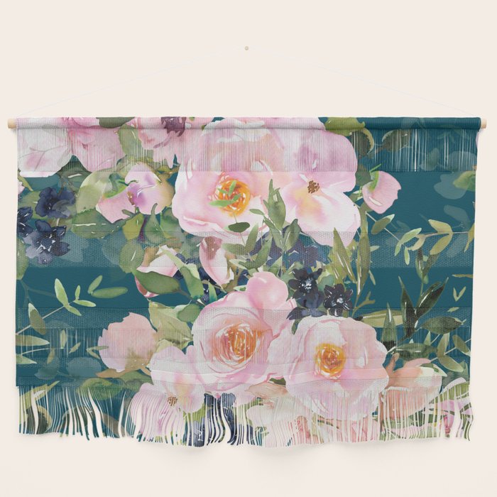 Floral Watercolor Rose Garden, Teal and Pink,  Vintage, Wall Art Boho Wall Hanging Gallery Image 1