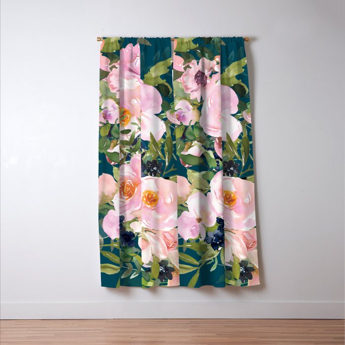 Floral Watercolor Rose Garden, Teal and Pink,  Vintage, Wall Art Boho Window Curtain Gallery Image 3