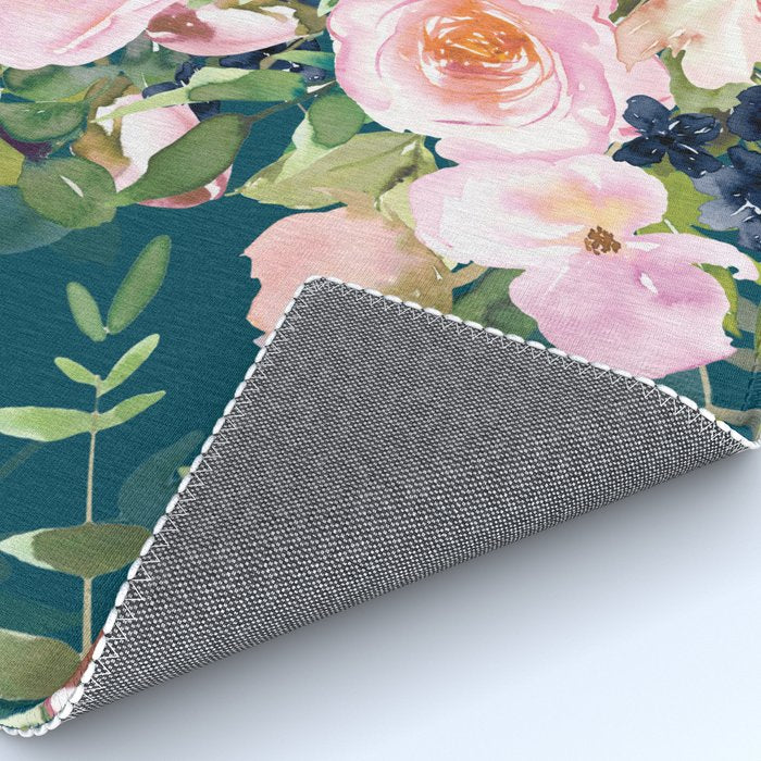 Floral Watercolor Rose Garden, Teal and Pink,  Vintage, Wall Art Boho Rug Gallery Image 4
