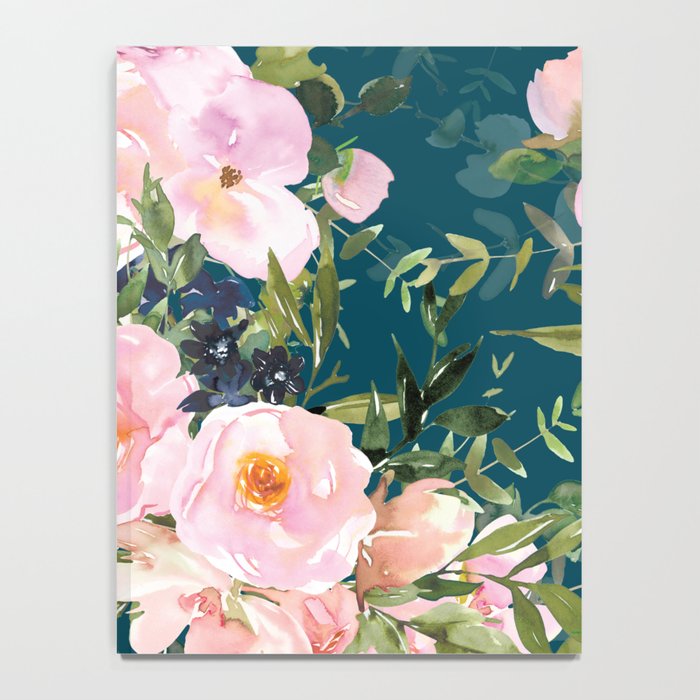 Floral Watercolor Rose Garden, Teal and Pink,  Vintage, Wall Art Boho Notebook Gallery Image 4