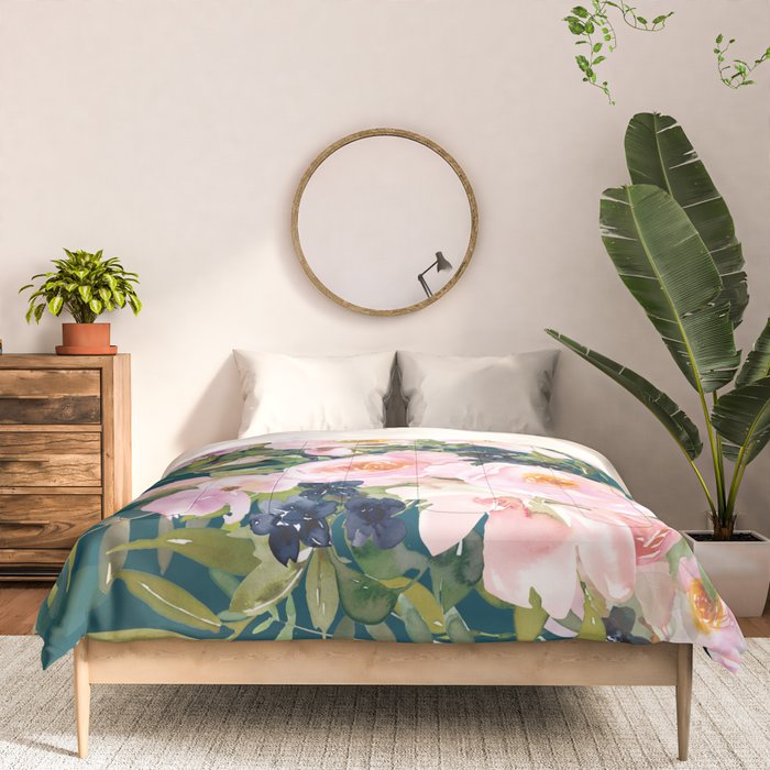 Floral Watercolor Rose Garden, Teal and Pink,  Vintage, Wall Art Boho Comforter Gallery Image 3