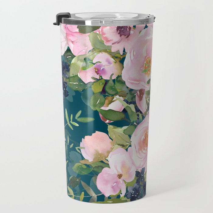Floral Watercolor Rose Garden, Teal and Pink,  Vintage, Wall Art Boho Travel Mug Gallery Image 3