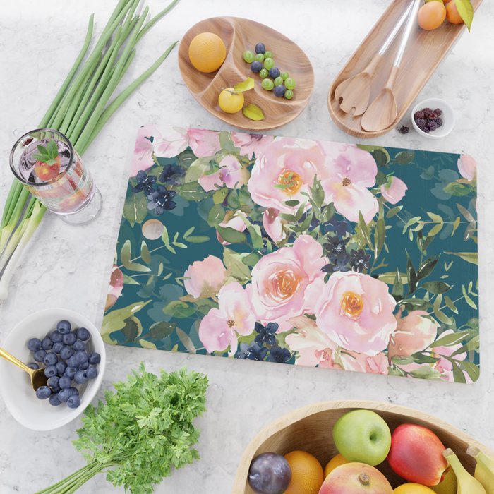 Floral Watercolor Rose Garden, Teal and Pink,  Vintage, Wall Art Boho Cutting Board Gallery Image 2