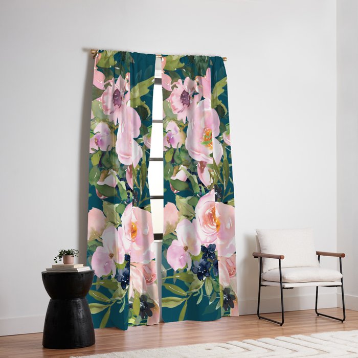 Floral Watercolor Rose Garden, Teal and Pink,  Vintage, Wall Art Boho Window Curtain Gallery Image 2