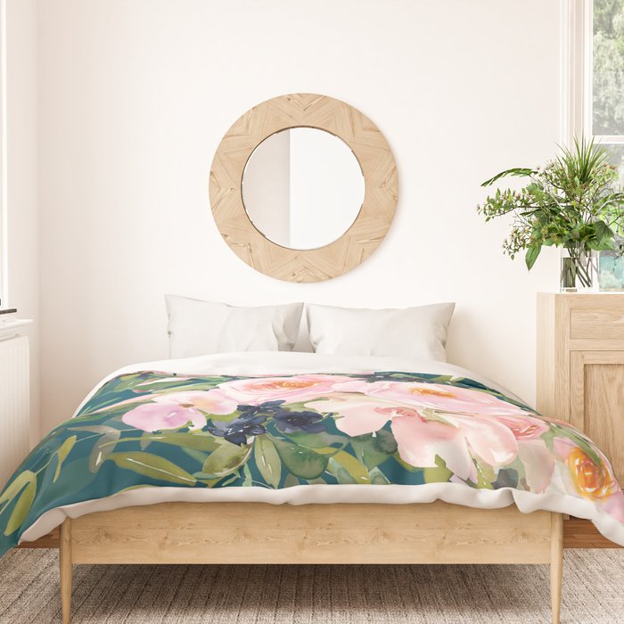 Floral Watercolor Rose Garden, Teal and Pink,  Vintage, Wall Art Boho Duvet Cover Gallery Image 3