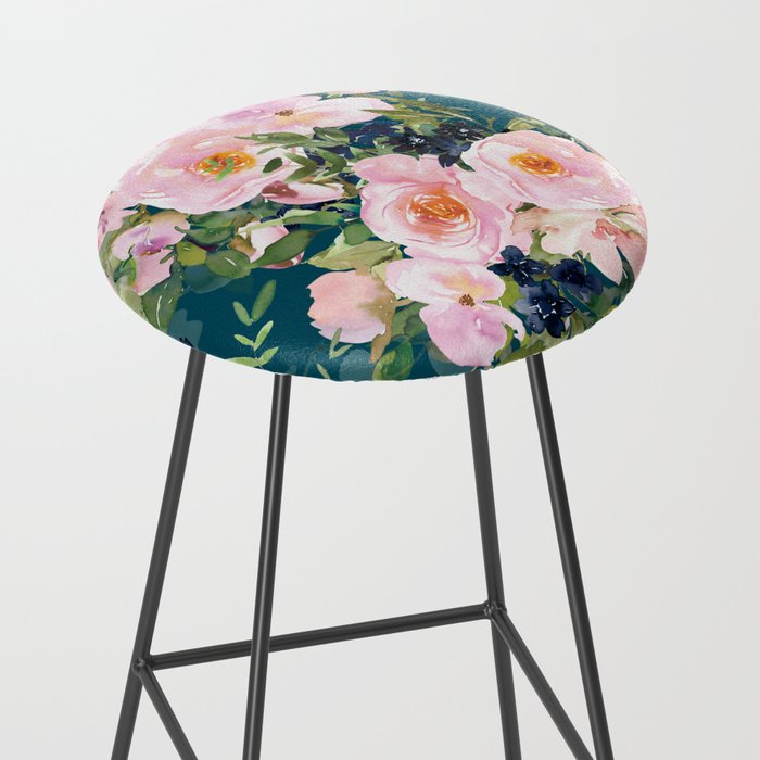 Floral Watercolor Rose Garden, Teal and Pink,  Vintage, Wall Art Boho Stool Gallery Image 2