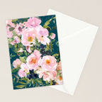 Floral Watercolor Rose Garden, Teal and Pink,  Vintage, Wall Art Boho Stationery Card Gallery Image 2