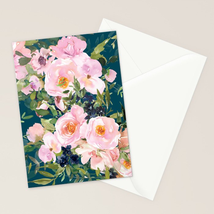Floral Watercolor Rose Garden, Teal and Pink,  Vintage, Wall Art Boho Stationery Card Gallery Image 2