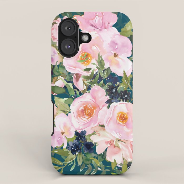 Floral Watercolor Rose Garden, Teal and Pink,  Vintage, Wall Art Boho iPhone Case Gallery Image 1