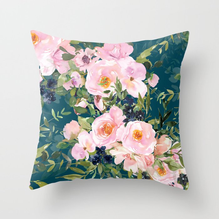 Floral Watercolor Rose Garden, Teal and Pink,  Vintage, Wall Art Boho Throw Pillow Gallery Image 6