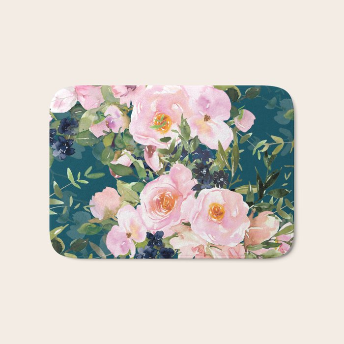 Floral Watercolor Rose Garden, Teal and Pink,  Vintage, Wall Art Boho Bath Mat Gallery Image 1