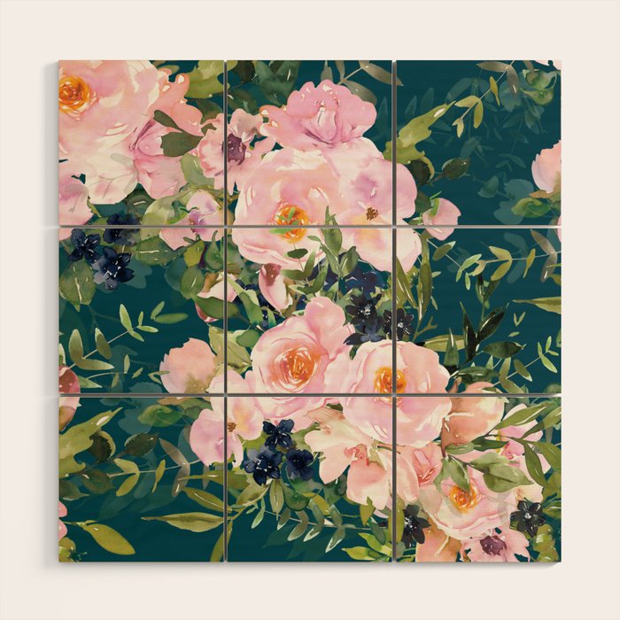 Floral Watercolor Rose Garden, Teal and Pink,  Vintage, Wall Art Boho Wood Wall Art Gallery Image 1