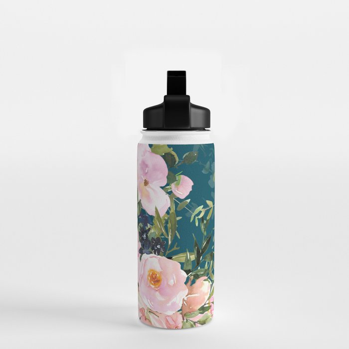 Floral Watercolor Rose Garden, Teal and Pink,  Vintage, Wall Art Boho Water Bottle Gallery Image 2