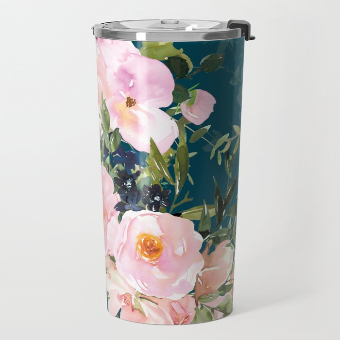 Floral Watercolor Rose Garden, Teal and Pink,  Vintage, Wall Art Boho Travel Mug Gallery Image 2