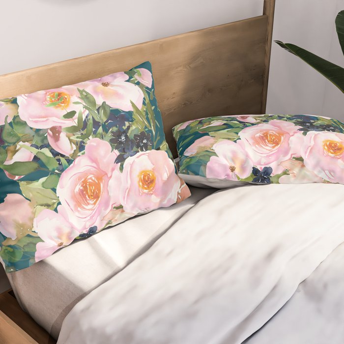 Floral Watercolor Rose Garden, Teal and Pink,  Vintage, Wall Art Boho Pillow Sham Gallery Image 2
