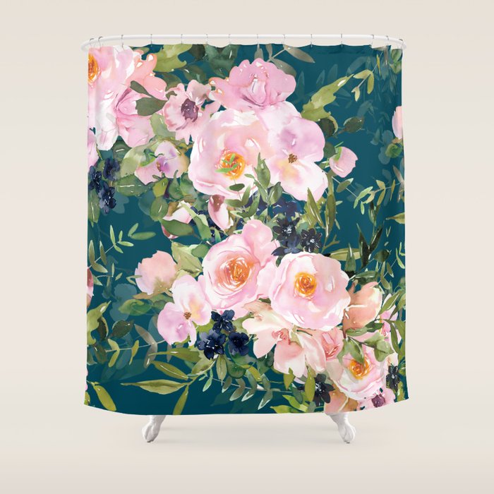 Floral Watercolor Rose Garden, Teal and Pink,  Vintage, Wall Art Boho Shower Curtain Gallery Image 1