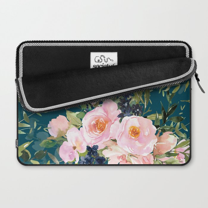 Floral Watercolor Rose Garden, Teal and Pink,  Vintage, Wall Art Boho Laptop Sleeve Gallery Image 2
