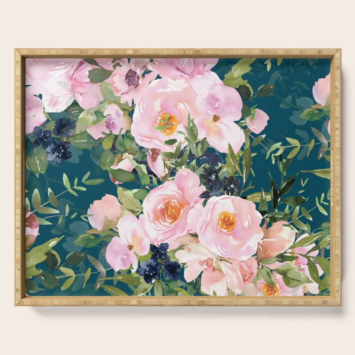 Floral Watercolor Rose Garden, Teal and Pink,  Vintage, Wall Art Boho Serving Tray Gallery Image 1