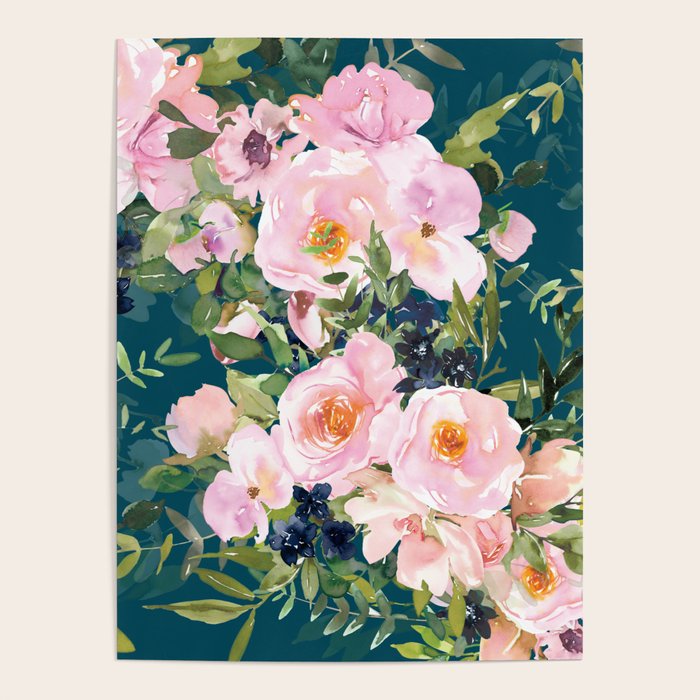 Floral Watercolor Rose Garden, Teal and Pink,  Vintage, Wall Art Boho Poster Gallery Image 4