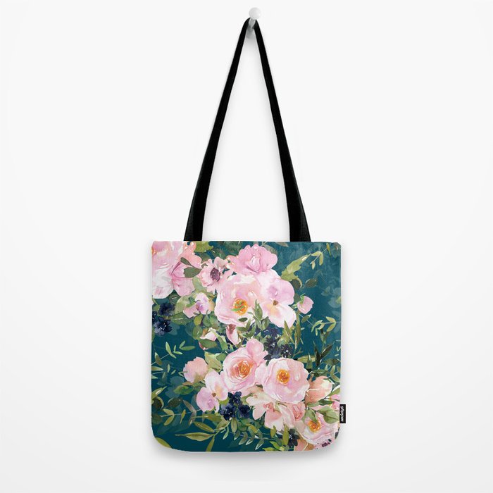 Floral Watercolor Rose Garden, Teal and Pink,  Vintage, Wall Art Boho Tote Bag Gallery Image 2