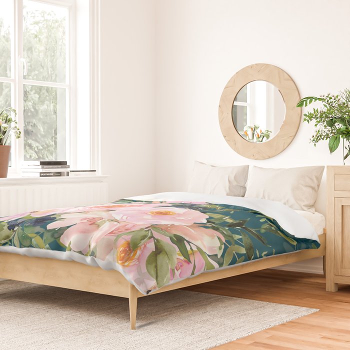 Floral Watercolor Rose Garden, Teal and Pink,  Vintage, Wall Art Boho Duvet Cover Gallery Image 2