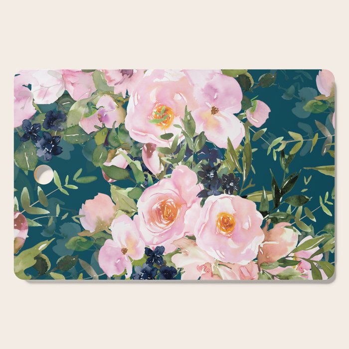 Floral Watercolor Rose Garden, Teal and Pink,  Vintage, Wall Art Boho Cutting Board Gallery Image 1