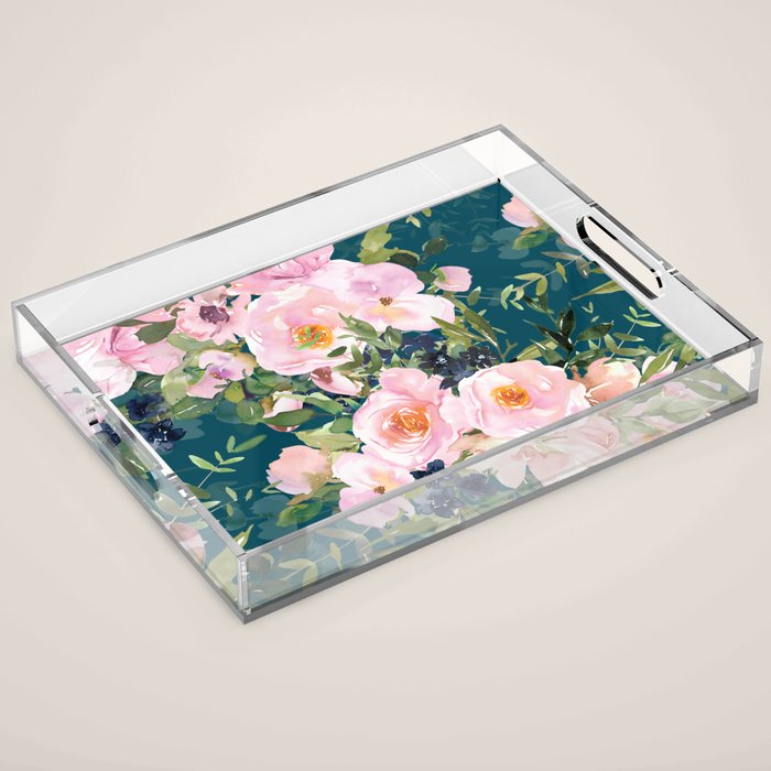 Floral Watercolor Rose Garden, Teal and Pink,  Vintage, Wall Art Boho Acrylic Tray Gallery Image 1