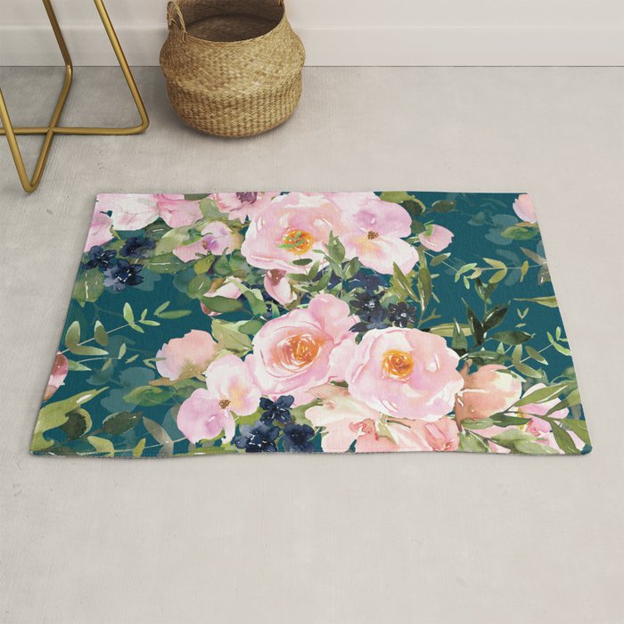 Floral Watercolor Rose Garden, Teal and Pink,  Vintage, Wall Art Boho Rug Gallery Image 1