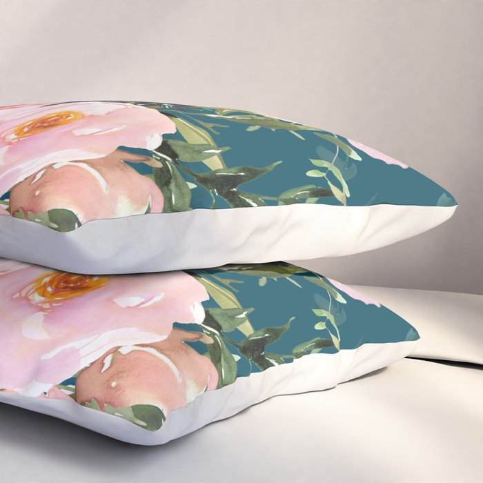 Floral Watercolor Rose Garden, Teal and Pink,  Vintage, Wall Art Boho Pillow Sham Gallery Image 3